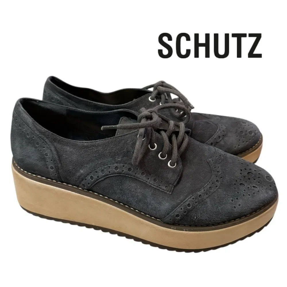 Schutz Women's Grey Suede Leather Oxford Platform Lace Shoes 7